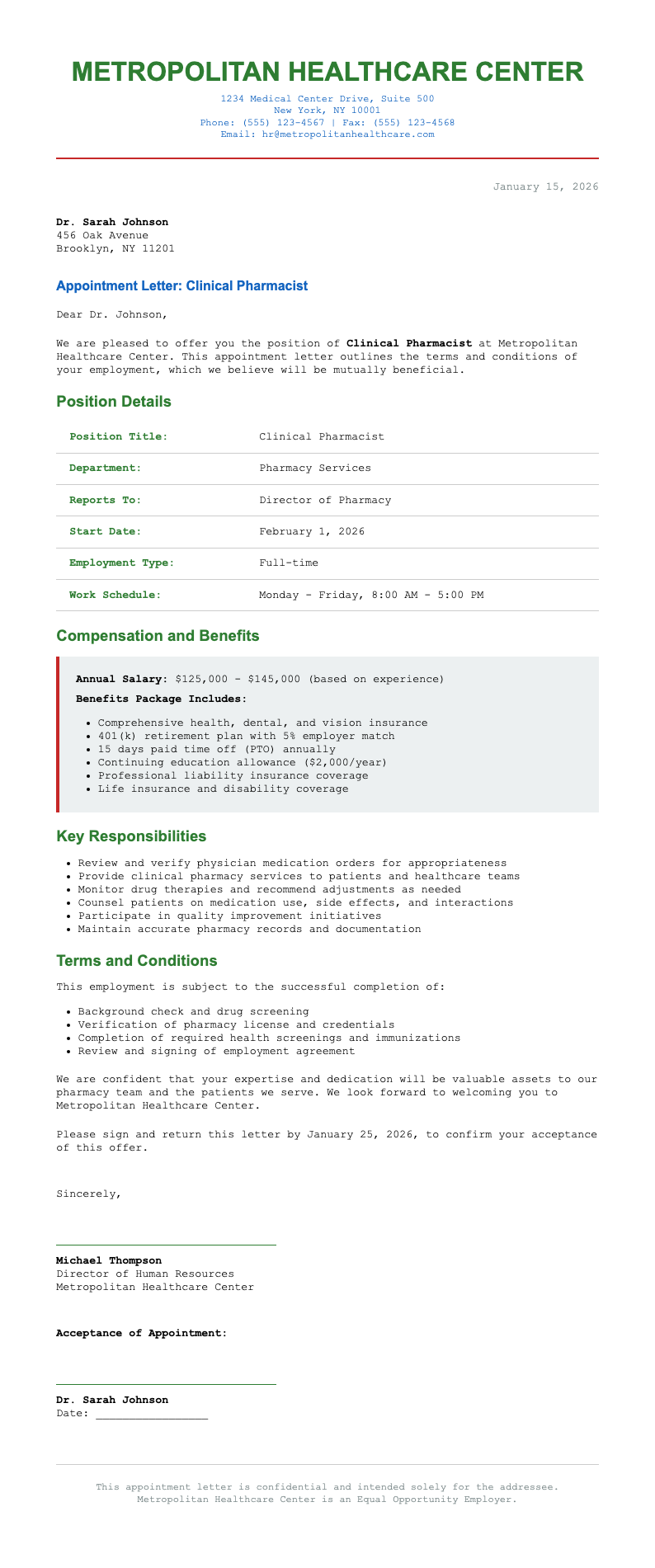 Financial professional pharmacist appointment letter
